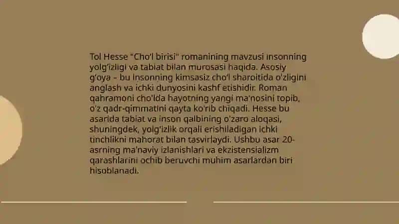Tol Hesse "Choʻl birisi" romani 3