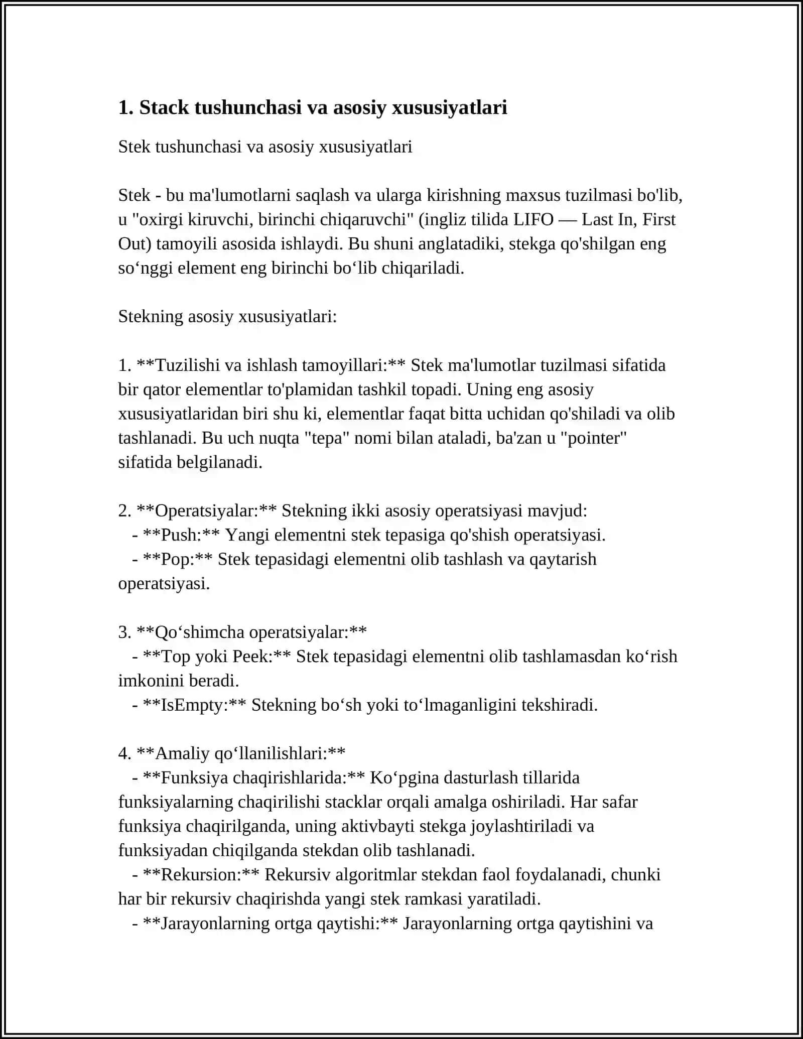 STACK (TÓPLAM) VA UNING QOʻLLANILISHI (MAʼLUMOT TIZIMLARI VA ALGORITMLARI FANIDAN) 3