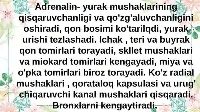 Adrenergik sinapslarga ta'sir qiladigan moddalar tasnifi, xossalari va qo‘llanilishi. Adrenomimietiklar umumiy tarifi va qo‘llanilishi.Adrenoblakatorlar, simpatolitiklar umumiy tarifi va qo‘llanilishi 3