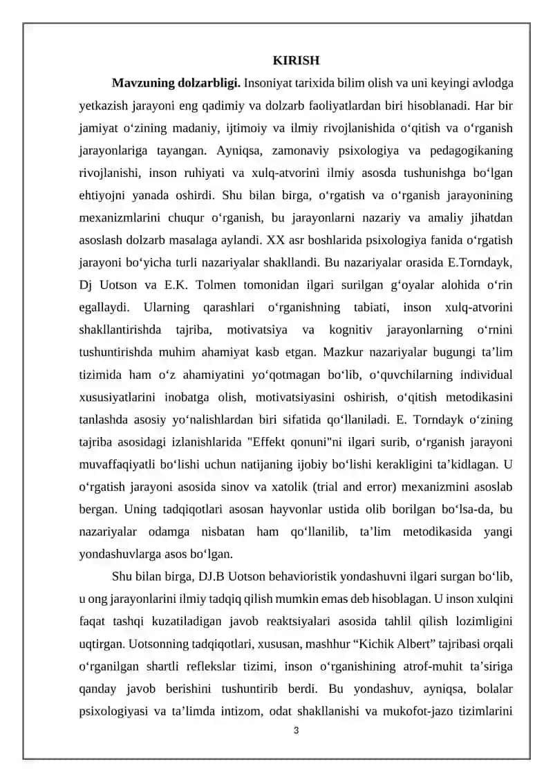 O’RGATISH QONUNI. E.TORNDAYK DJ.B.UOTSON VA  EK TOLMENING INSONGA NAZARIY QARASHLAR NAZARIYASI. 3