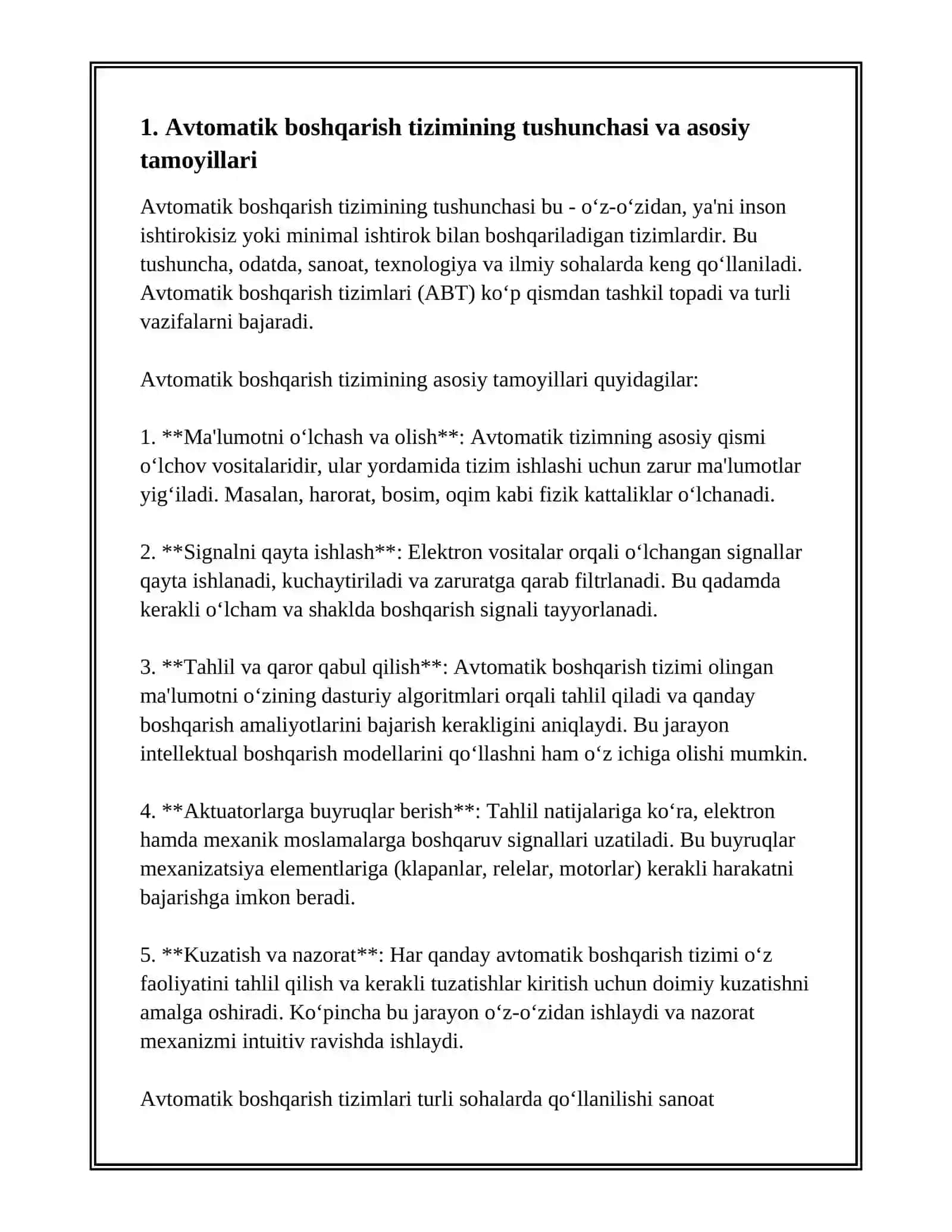 AVTOMATIK BOSHQARISH TIZIMLARI TUSHUNCHASI, VAZIFALARI VA SANOATDA QO'LLANILISHI 3