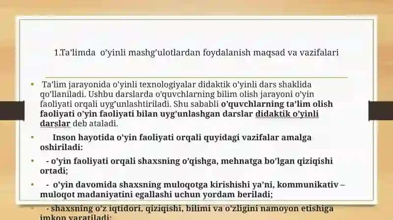 O’YIN TEXNOLOGIYASI FANIDAN bTAYYORLANGAN TAQDIMOT 3