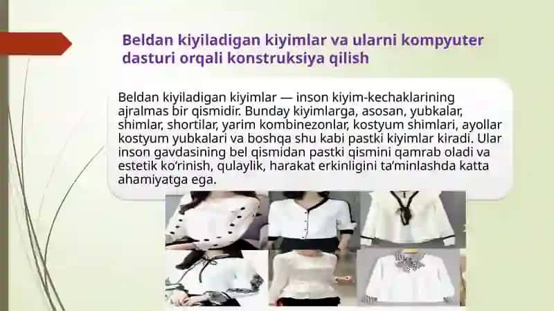 Taqdimot Beldan kiyiladigan kiyimlar. Ayollar bo'lakli yubkasini konstruksiyasini kompyuter dasturi orqali qurish. Ayollar to'g'ri bichimli yubkasini konstruksiyasini kompyuter dasturi orqali qurish. 3