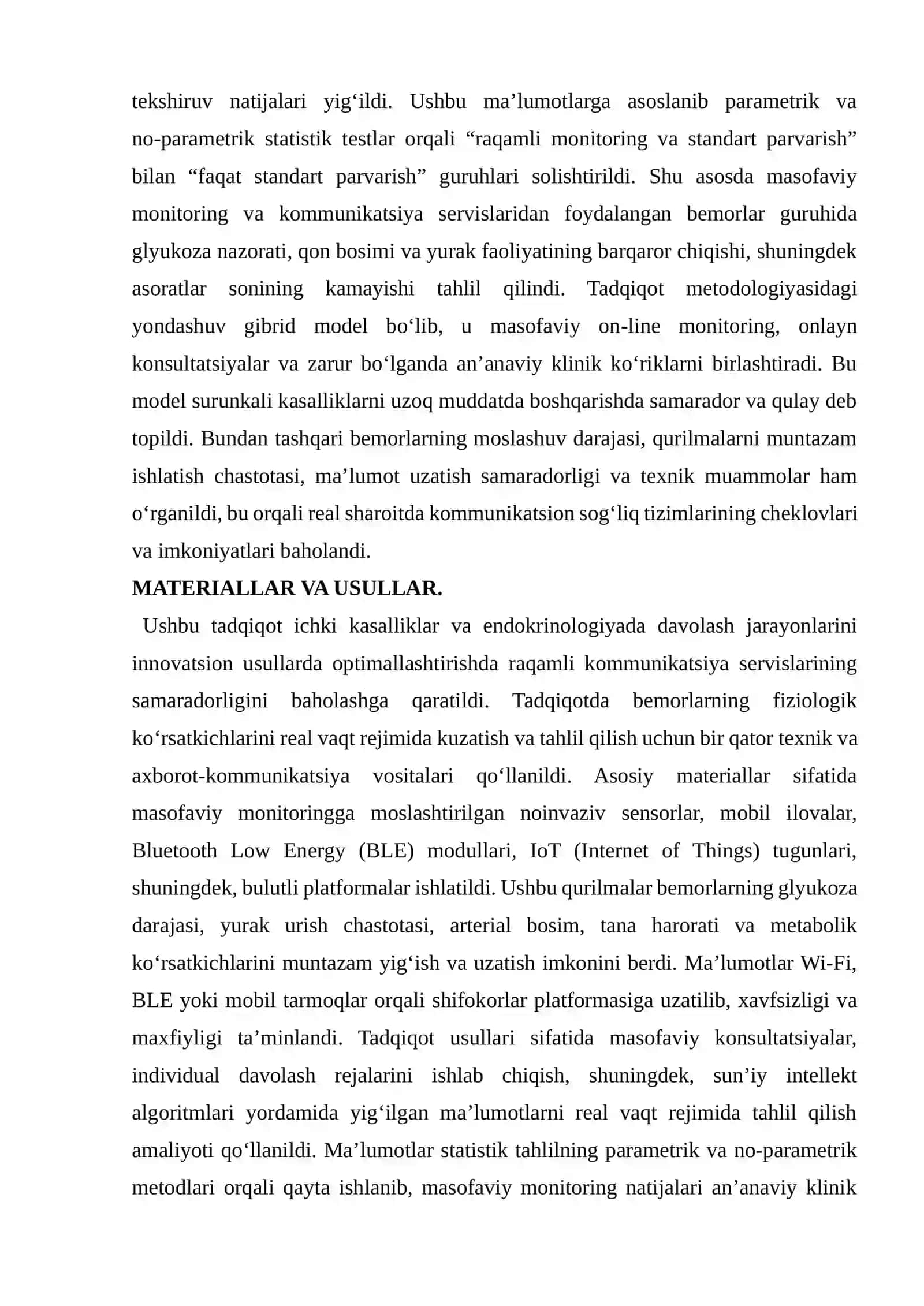 (maqola)ICHKI KASALLIKLAR VA ENDOKRINOLOGIYADA DAVOLASHNING INNOVATSION USULLARI: KOMMUNIKATSIYA SERVISLARI ORQALI BEMOR MONITORINGI VA MASOFAVIY DAVOLASH TEXNOLOGIYALARINING ROLI 3