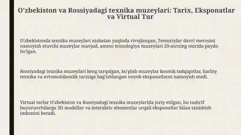 O'zbekiston va Rossiyadagi texnika muzeylari: Tarix, Eksponatlar va Virtual Tur 3