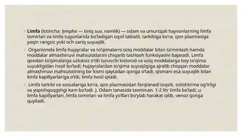 Limfaning hosil bo’lishi, tarkibi va vazifalari 3