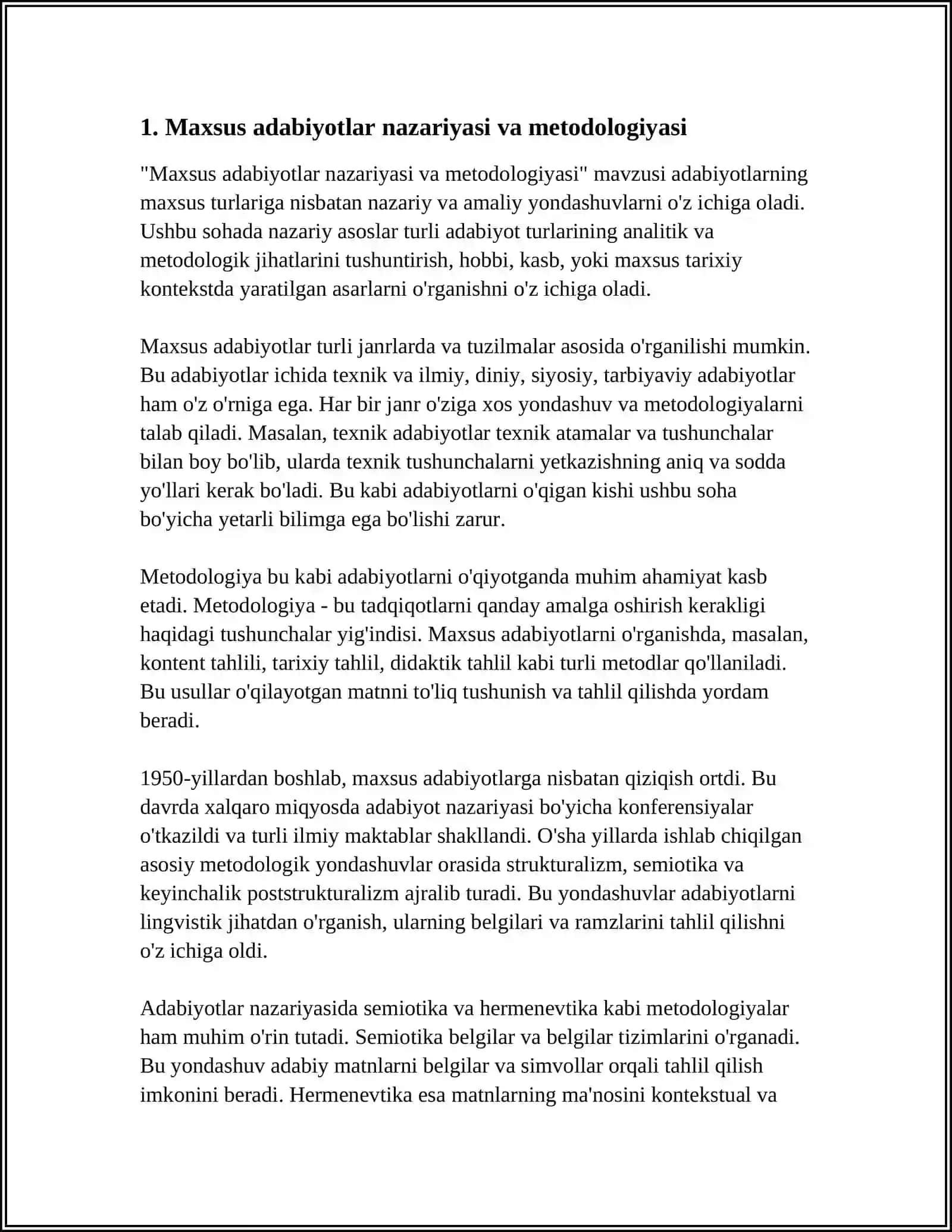 Mavzu: MAXSUS ADABIYOTLAR BOʻYICHA FAN BOʻLIMLARI YOKI MAVZULARI USTIDA ISHLASH 3