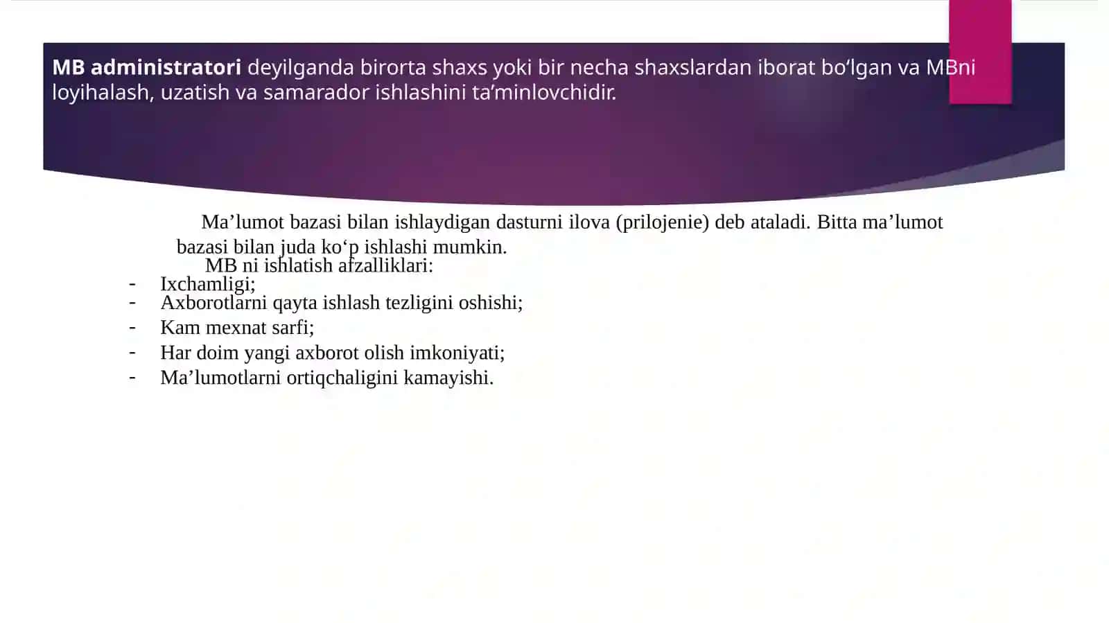 Ma’lumotlar bazasini boshqarish tizimlari 3