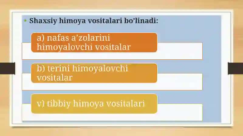 SHAXSIY HIMOYA VOSITALARI, MAXSUS HIMOYA VOSITALARI,SHAXSIYTIBBIY VOSITALARI VA ULARDAN FOYDALANISH 3