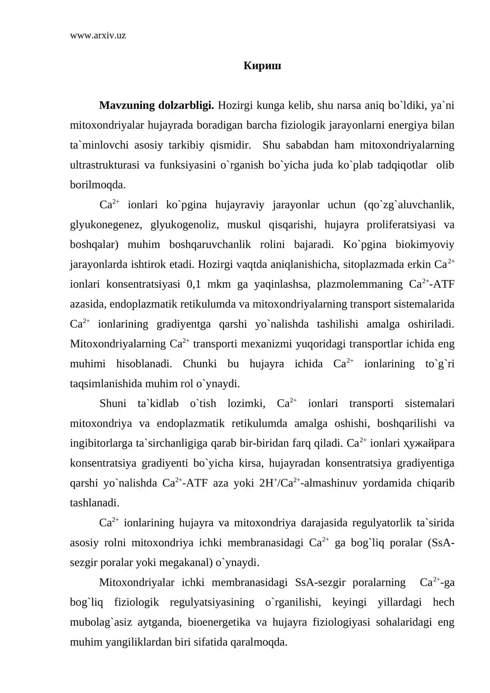 "Mitoxondriyalarda Са2+-transport sistemalarining tuzilishi, funksiyasi va ularga biologik faol moddalarning ta`siri" 3