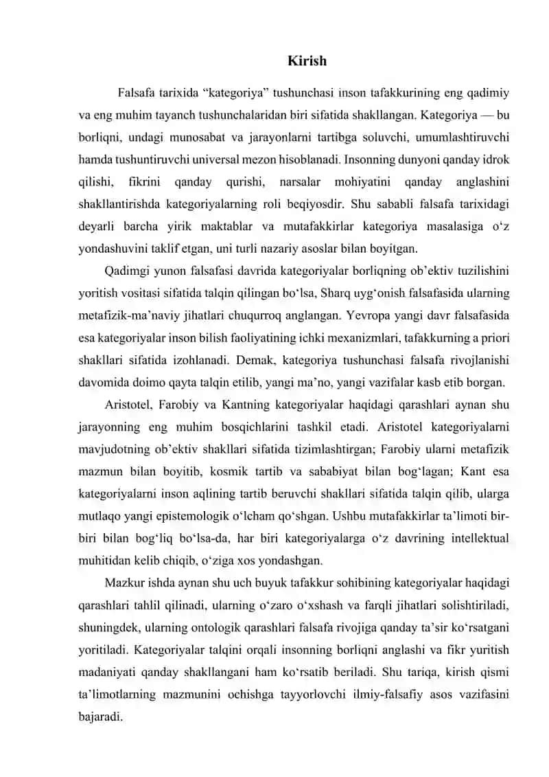 Aristotel, Farobiy va Kant ontologiyasida kategoriyalarning tasnifi 3