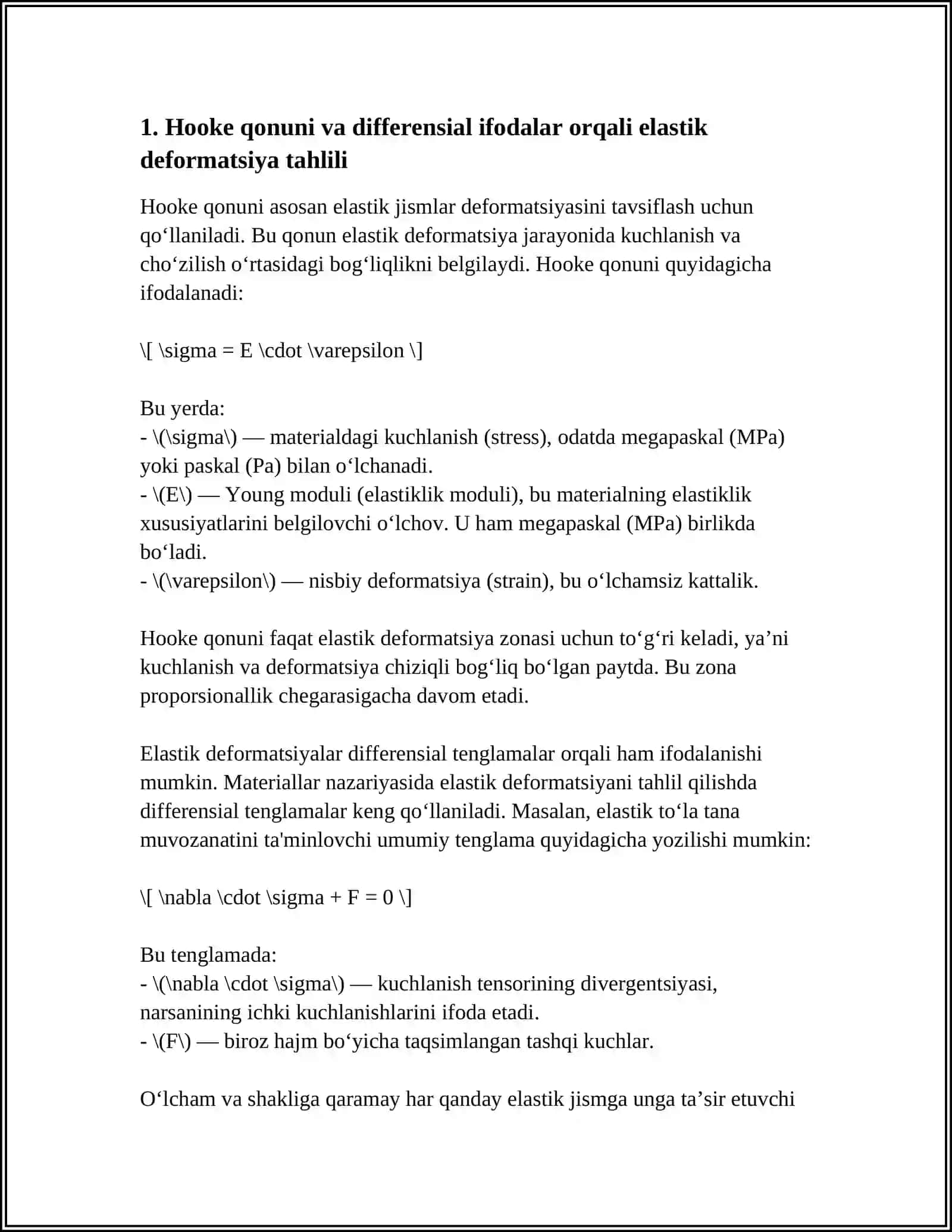 DEFORMASIYA VA KUCHLANISH TAHLILIDA DIFFERENSIAL HISOB TATBIQLAR 3