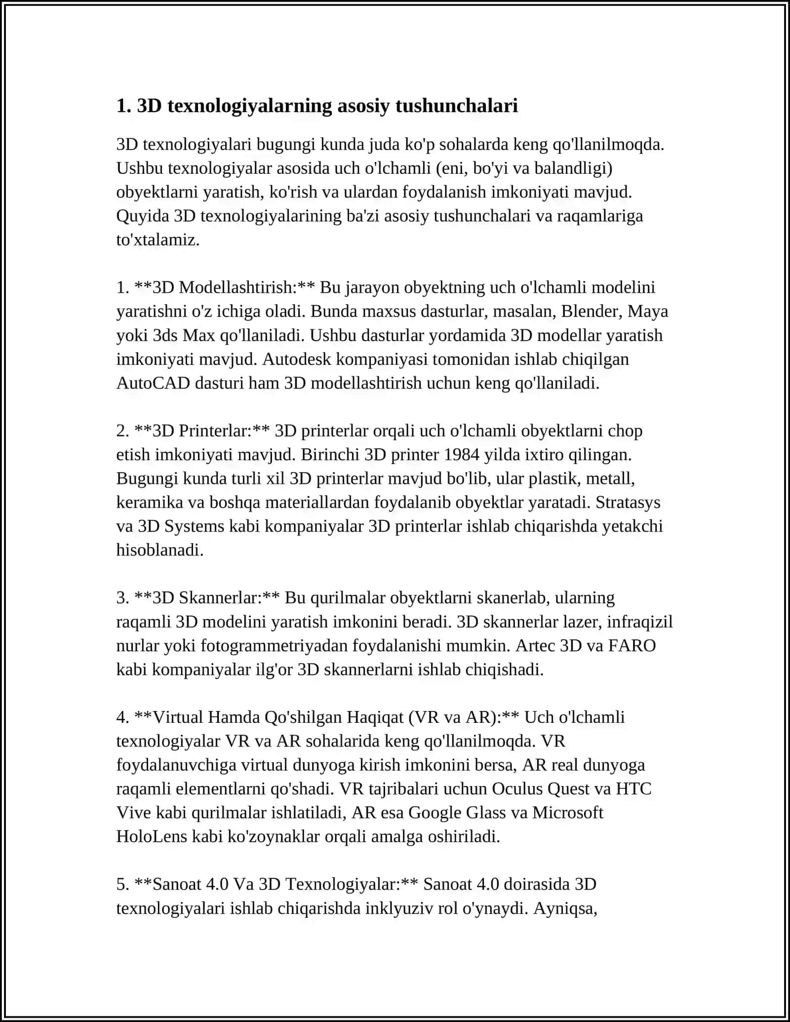 INFORMATIKA VA AXBOROT TEXNOLOGIYALARI FANINI 3D TEXNOLOGIYLARI ASOSIDA O'QTISH METODIKASI 3
