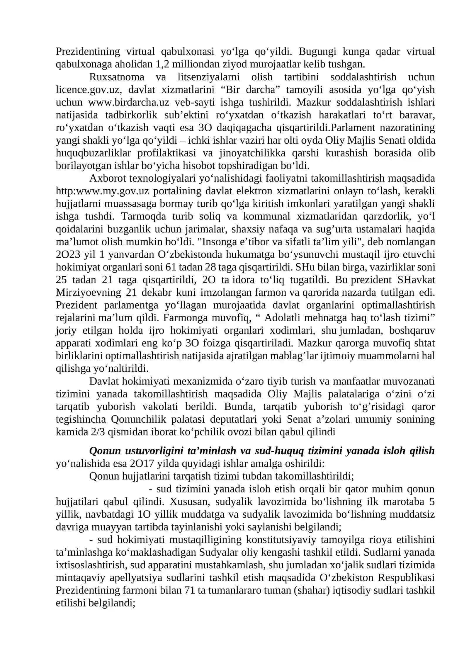 YANGI O‘ZBEKISTONDA PREZIDENT SH.M.MIRZIYOYEV RAHBARLIGI VA TASHABBUSI OSTIDA AMALGA OSHIRILAYOTGAN ISLOHOTLAR 3