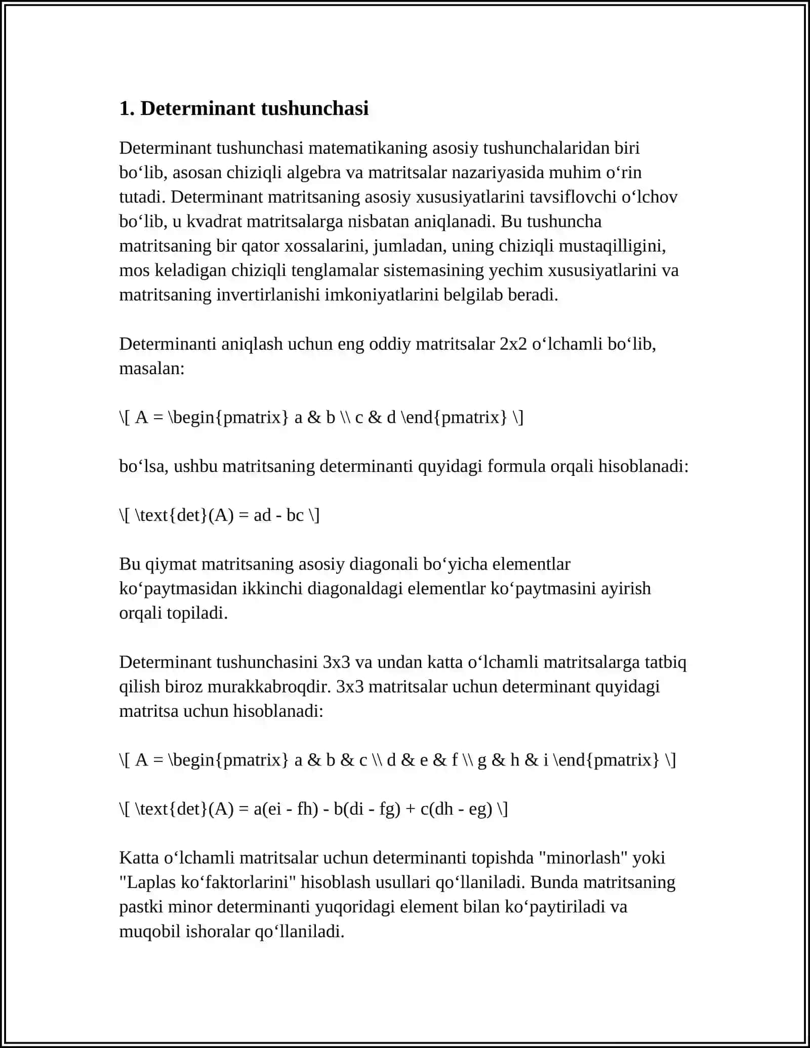 YUQORI TARTIBLI DETERMINANTLARNI HISOBLASHGA DOIR MISOLLAR YECHISH 3