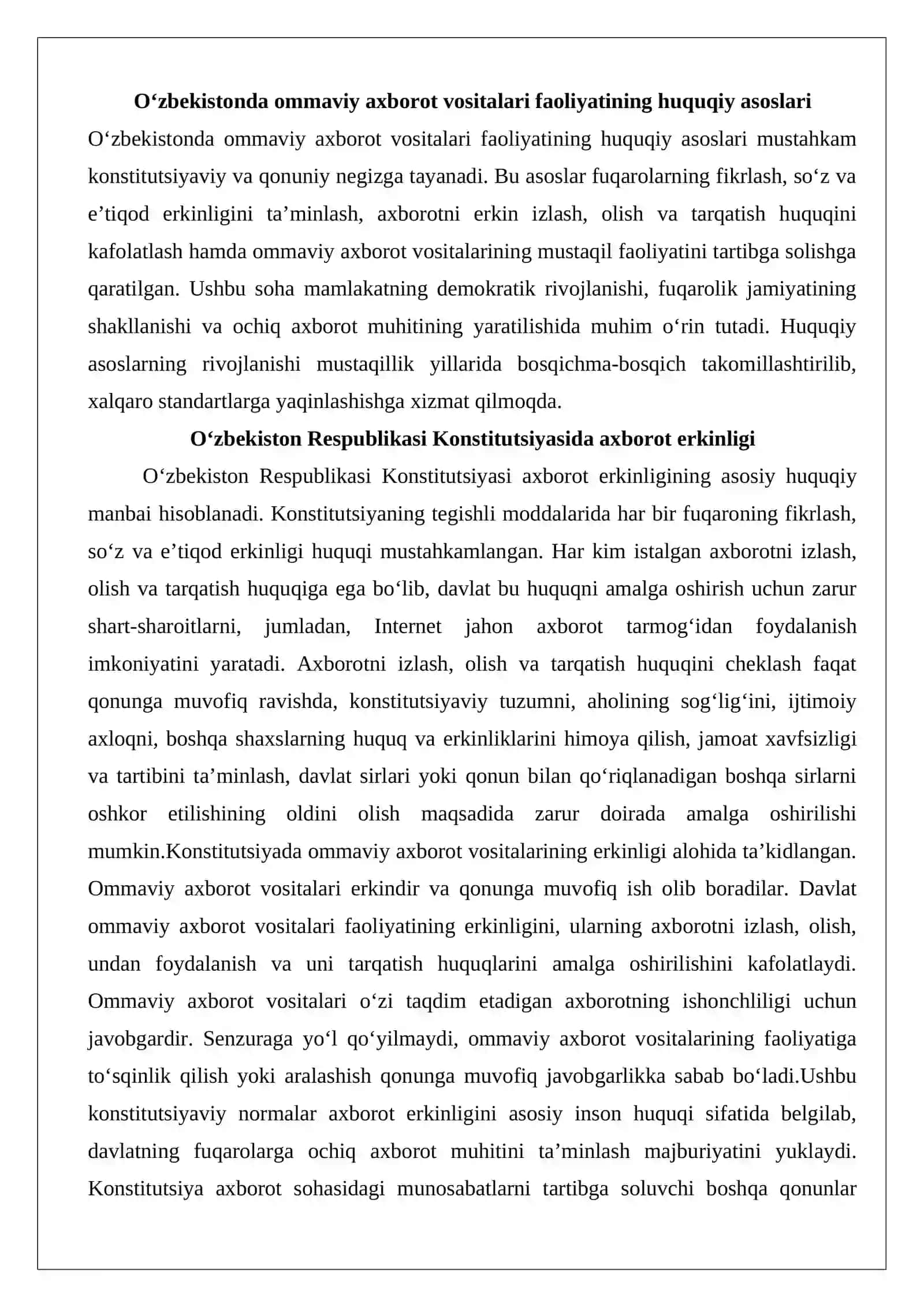 O‘zbekiston Respublikasida ommaviy axborot vositalarining faoliyati (o‘zgarishlar va muammolar) 3
