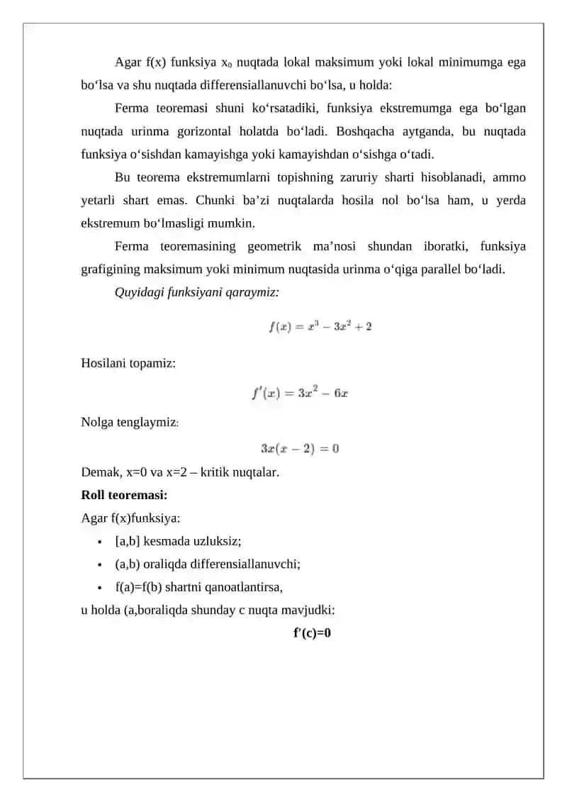 Differensial hisobning asosiy teoremalari, Ferma, Roll, Lagranj, Komi teoremalari 3