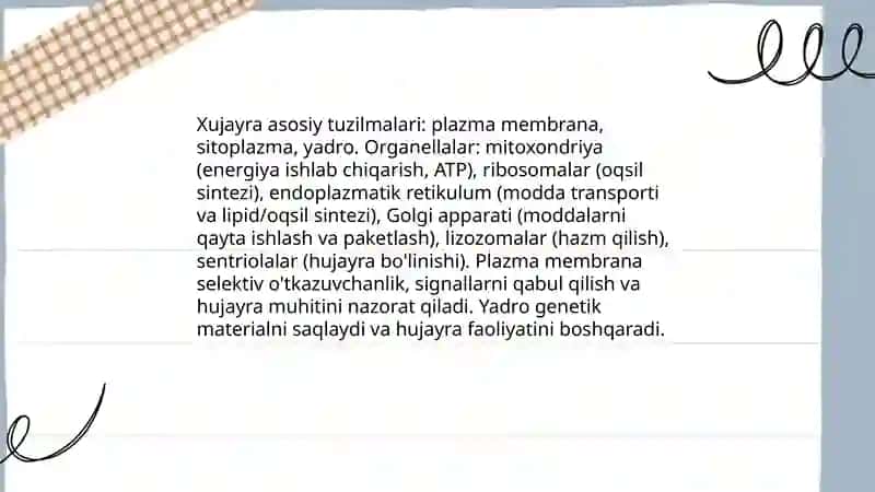Odam tana qisimlari tuzulishi va funksiyalari xujayra toqima organlar sistemasi 3