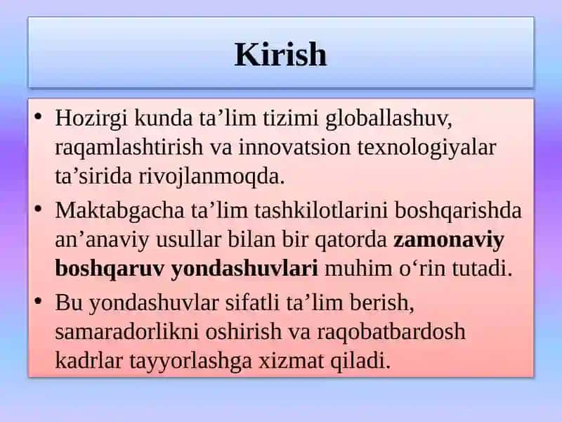 Maktabgacha ta`lim tashkilotlarini boshqarishda zamonaviy yondashuvlar 3