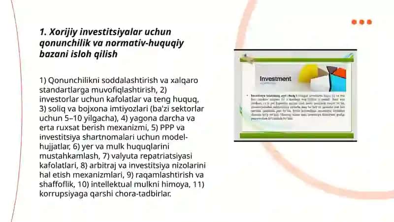 Respublikab iqtisodiyotiga xorijiy investitsiyalarni jalb etish yuzasidan qanday ishlar amalga oshiriladi 3