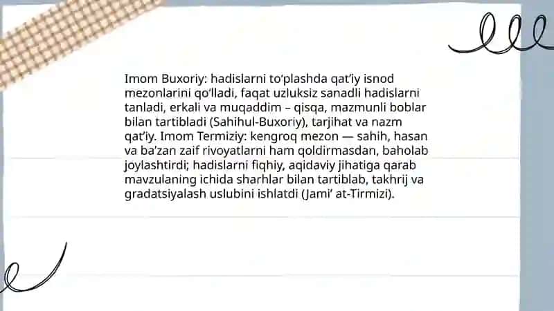 Imom Buxoriy va imom Termiziy hadis ilmiga qoʻshgan hissalarini qiyosiy tahlili 3