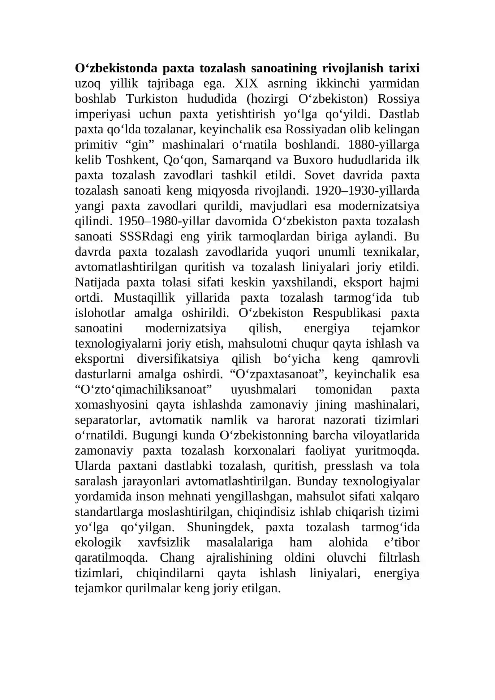 Paxta xomashyosini saqlash va dastlabki ishlash texnologiyasi 3