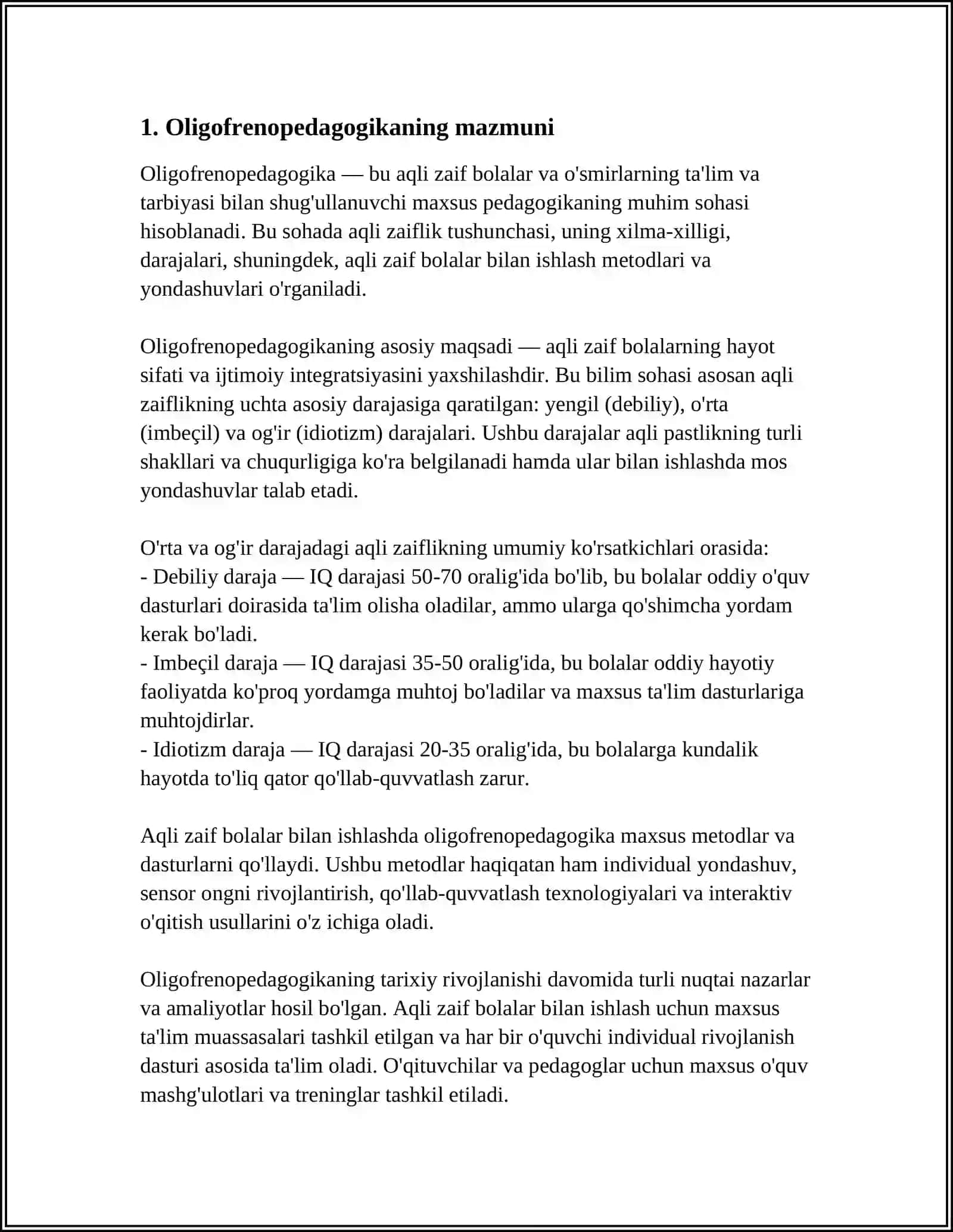 OLIGOFRENO PEDAGOGIKA PREDMETI, MAKSADI VA VAZIFALARI FANNING RIVOJLANISH BOSQICHLARI 3