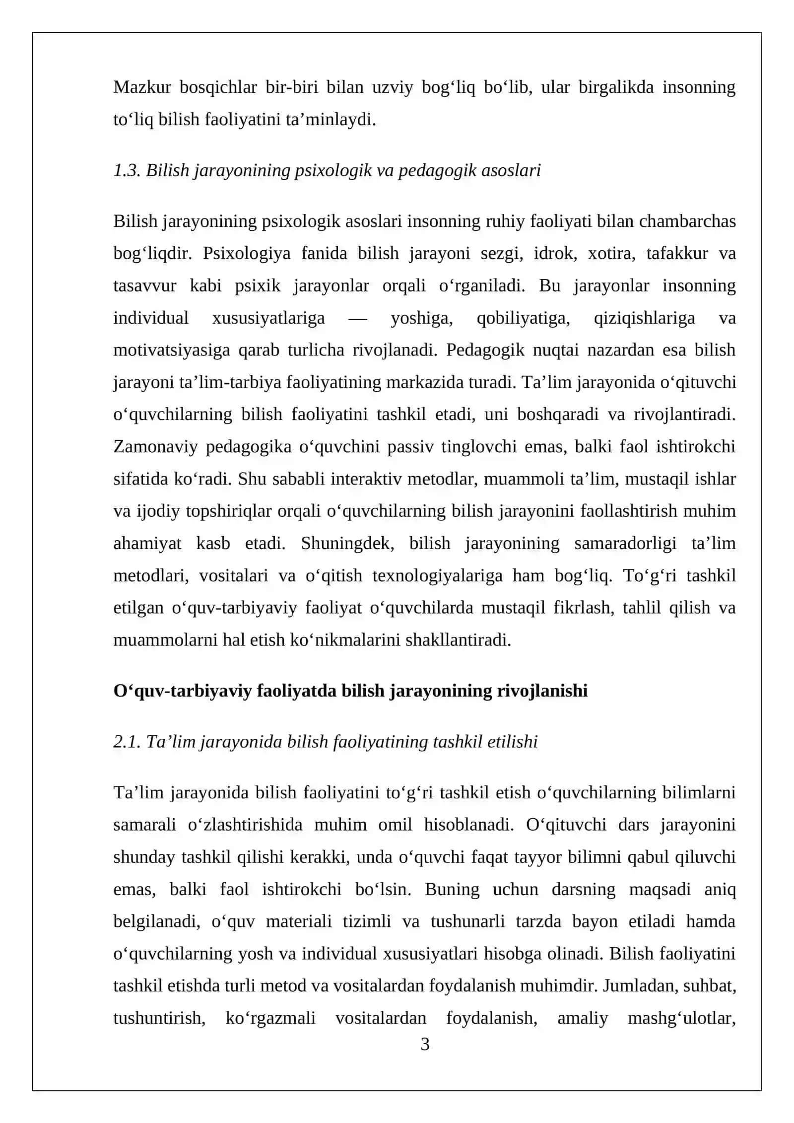 Bilish jarayonining rivojlanishi sohasidagi o‘quv-tarbiyaviy faoliyat va uning o‘ziga xos xususiyatlari 3