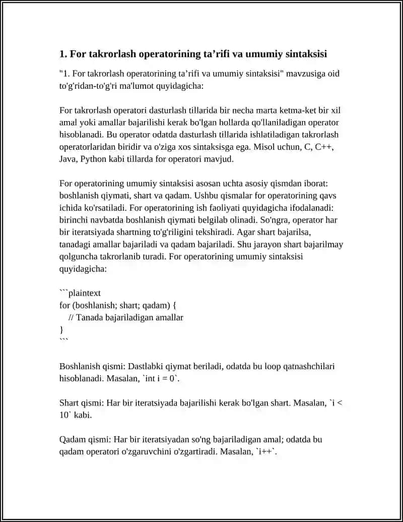 FOR TAKRORLASH OPERATORINING ISHLASH PRINSIPI HAQIDA MAʼLUMOT YIGʻIB SHU OPERATORGA OID 20 DASTURLAR TUZISH 3
