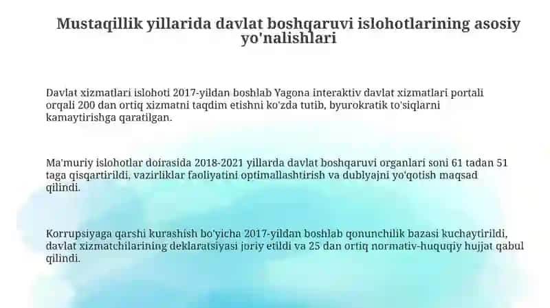 Mustaqillik yillarida davlat boshqaruvi tizimida amalga oshirilgan islohotlar 3