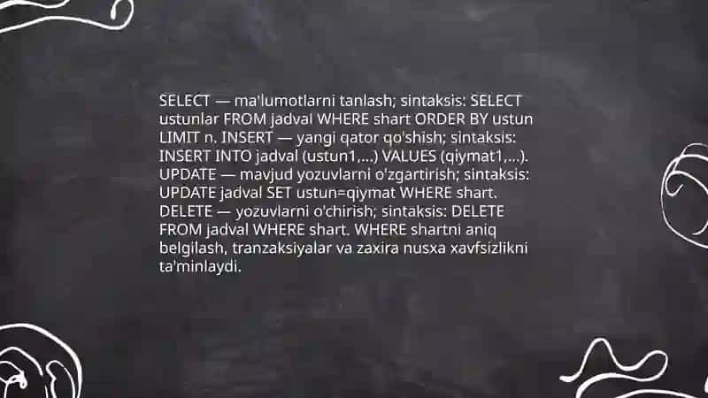 SQL tartiblangan soʻrovlar tilining asosiy buyruqlari ulardan foydalanish tartibi 3