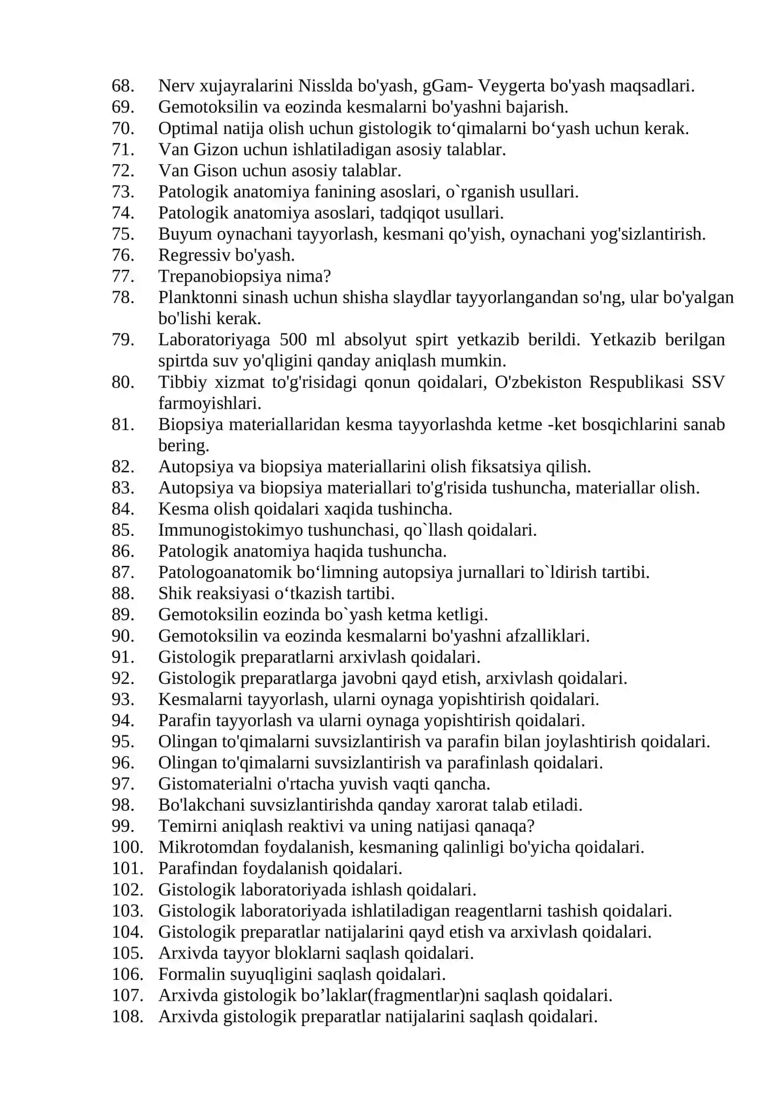 Laboratoriya ishi (Patologik anatomiya laboratoriyalari laboranti) mutaxassisligi bo’yicha shakllantirilgan og’zaki savollar ro’yxati 3