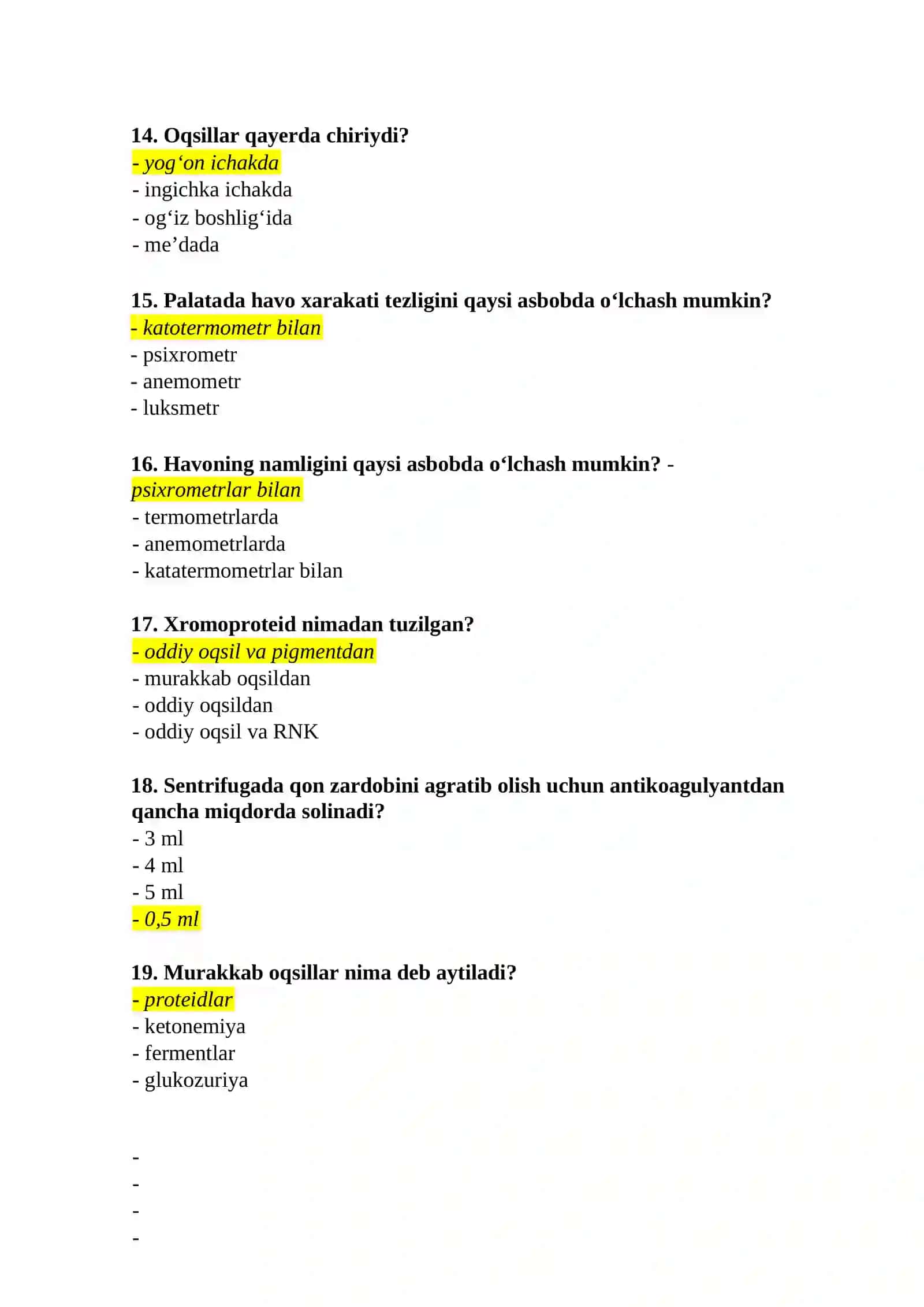 Laboratoriya tashxisi (Sanepidqo’m laboratoriyalaridan tashqari) mutaxassisligi bo'yicha shakllantirilgan test savollari ro'yxati 3
