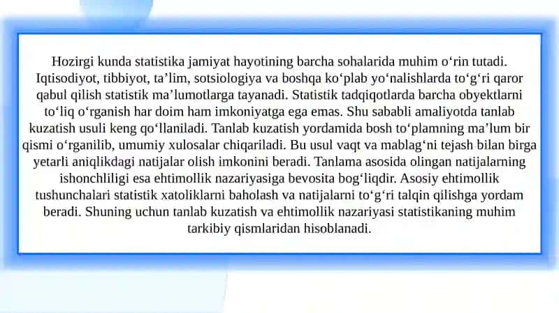 Statistik tadqiqotlarda tanlab kuzatish. Asosiy ehtimolliklar 3