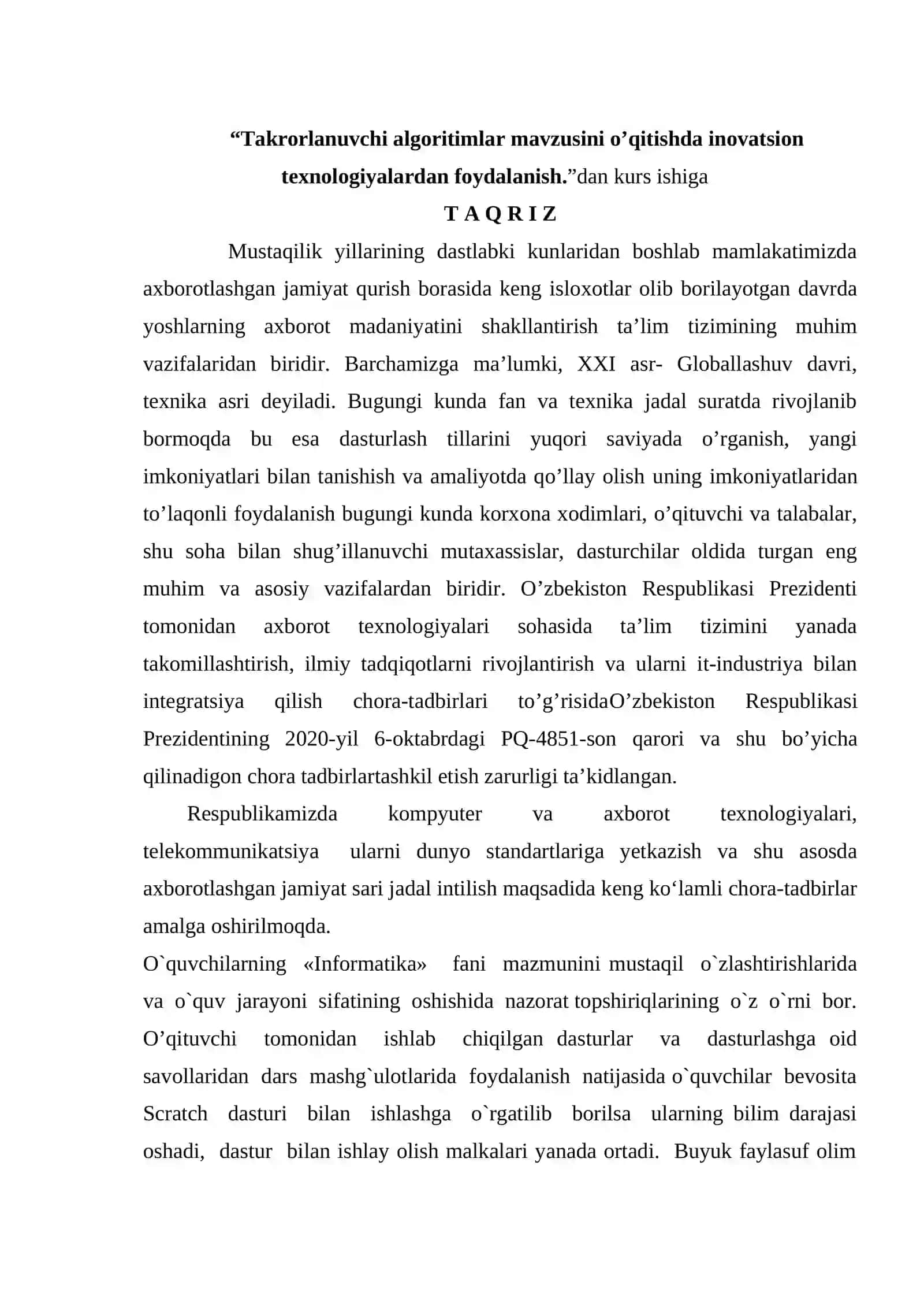 “Takrorlanuvchi algoritimlar mavzusini o’qitishda inovatsion texnologiyalardan foydalanish.” Kurs ishi. 3