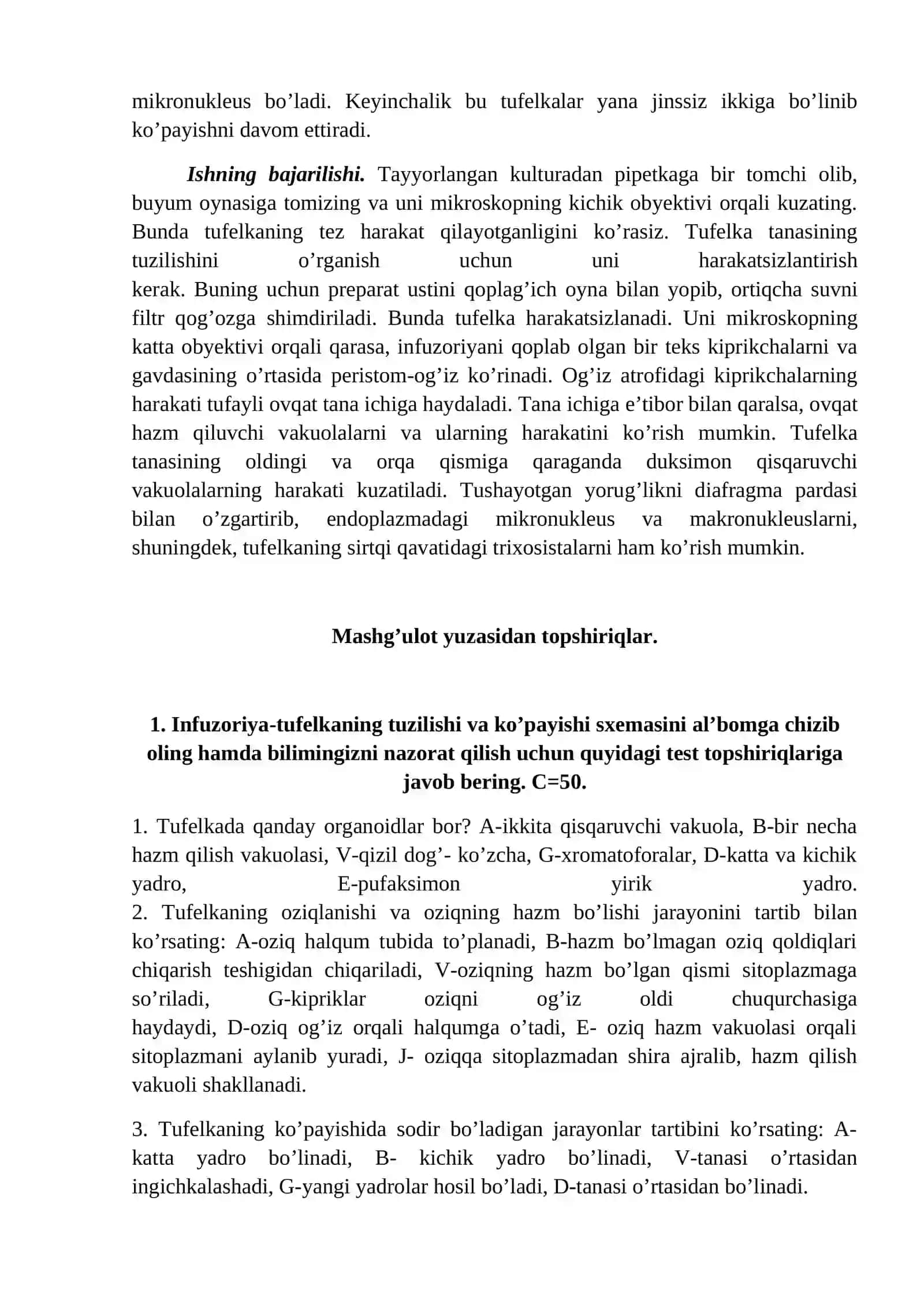 Infuzoriyalar (Infusoria) yoki Kipriklilar (Ciliophora) Kenja tipi, Kiprikli infuzoriyalar (Ciliata) sinfi vakili - Infuzoriya-Tufelka (Paramecium caudatum) ning tuzilishi va kopayishi 3
