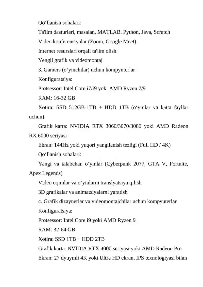 Zamonaviy kompyuterlar konfiguratsiyalar va ularning qollanish sohalar boyicha 3
