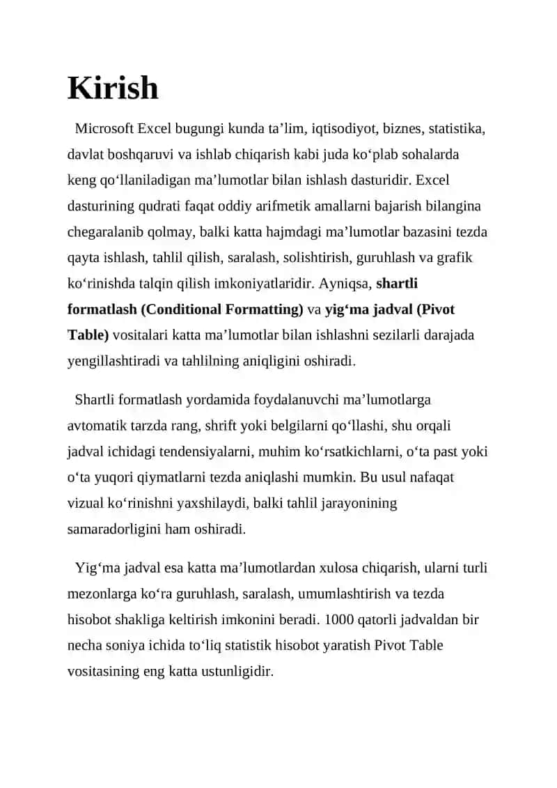 Excel dasturida malumotlarni shartli formatlash. Yig'ma jadval hosil qilish va uning ustida amallar bajarish 3
