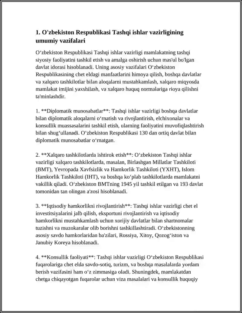 O'ZBEKISTON RESPUBLIKASI TASHQI ISHLAR VAZIRLIGI UNING UMUMIY TASNIFI VA MOLIYAVIY JIXATDAN KO'RINISHI 3