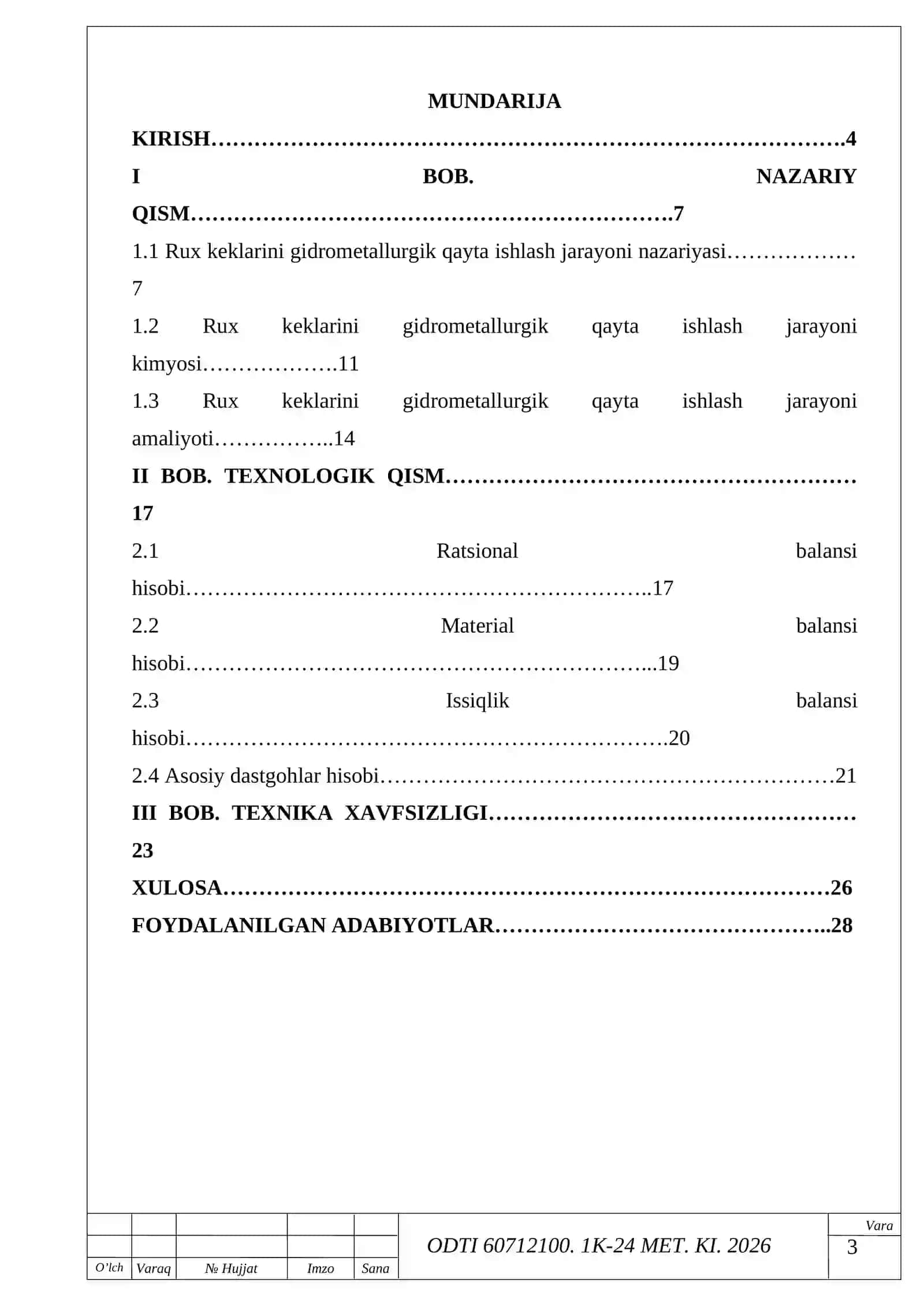 Rux keklarini gidrometallurgik qayta ishlash amaliyoti hisobi 3