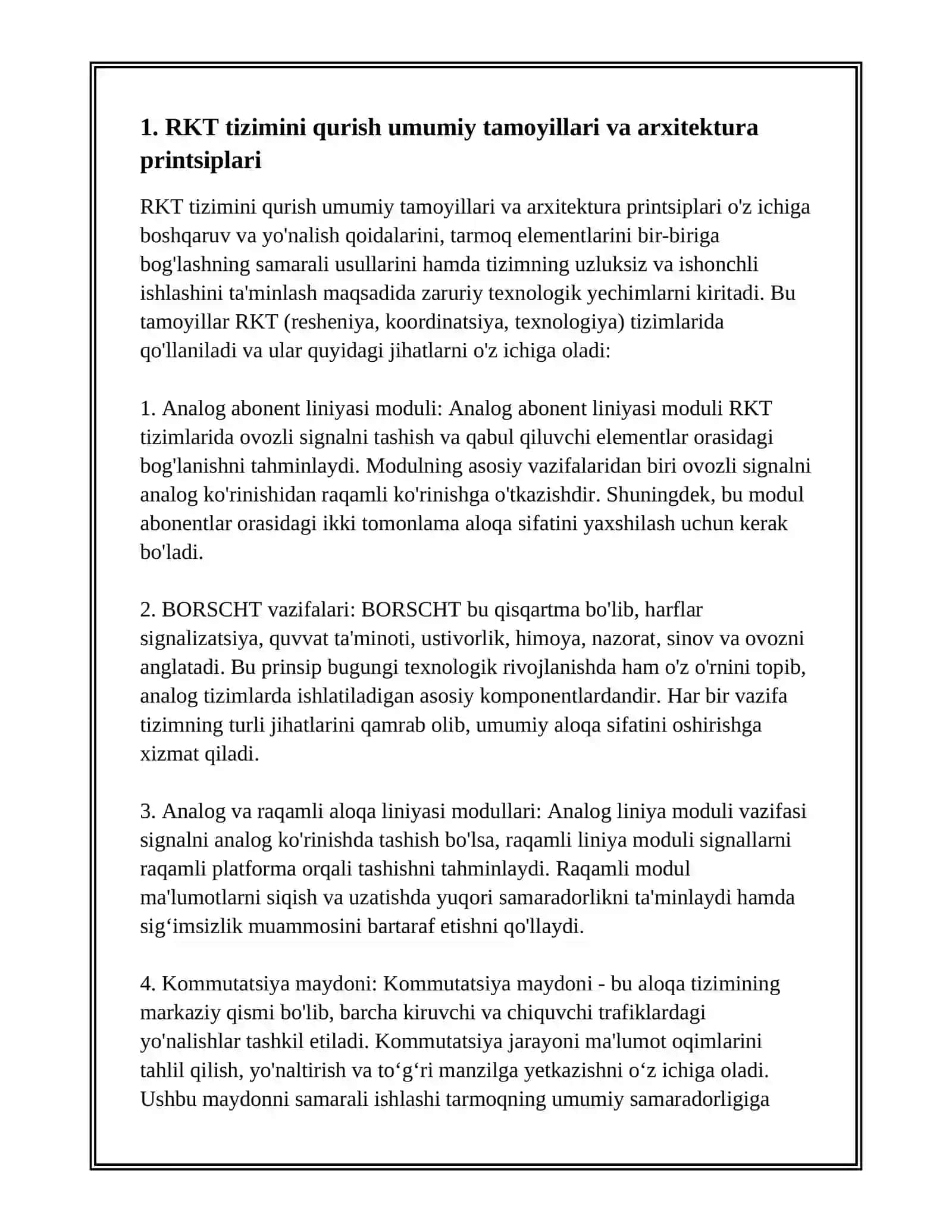RKT –TIZIMINI QURISH UMUMIY TAMOYILLARI - ANALOG ABONENT LINIYASI MODULI, BORSCHT VAZIFALARI, ANALOG VA RAQAMLI ALOQA LINIYASI MODULLAR, KOMMUTATSIYA MAYDONI, BOSHQARUV QURILMASI 3