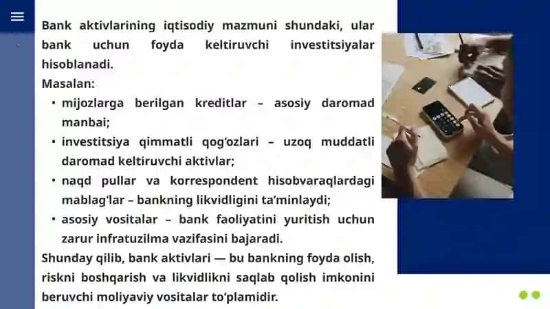Bank aktivlar tarkibi  va ularni balansda joylashishi 3