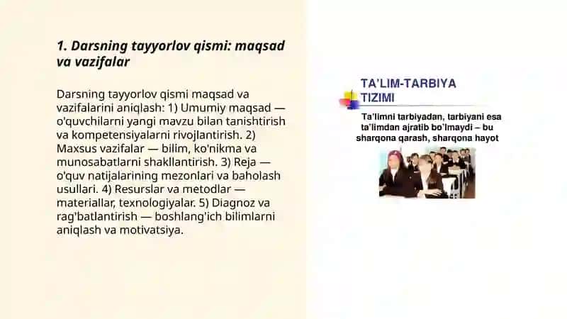 Darsning asosiy komponentlari tayyorlov asosiy va yakuniy qisimlari davlat talim standart dasturi taxlili 3