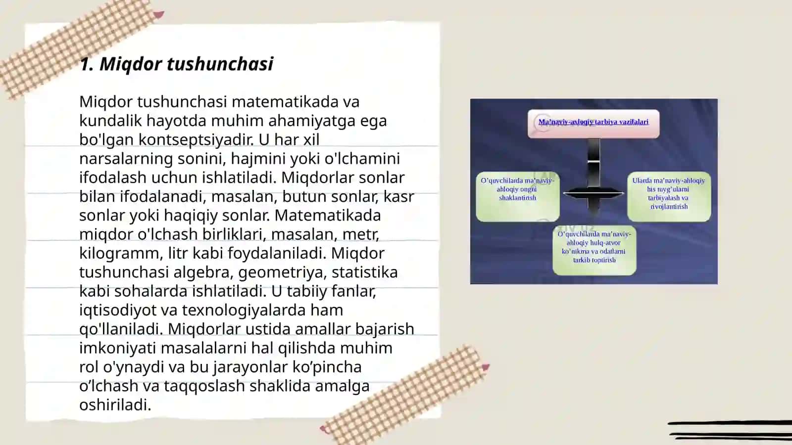 Miqdor tushunchasi va uning turlari. Skalyar miqdorlarning asosiy xossalari. Miqdorni o’lchash tushunchasi. Kesma uzunligi va uning asosiy xossalari. Kesma uzunligini o‘lchash. Uzunlikning standart birliklari va ular orasidagi munosabatlar 3