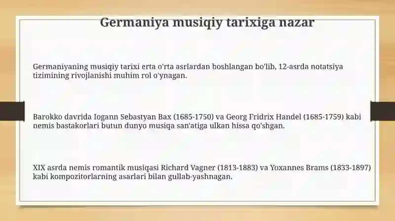 Germaniyaning musiqiy tarixi va hozirgi kun'gisi san'ati 3