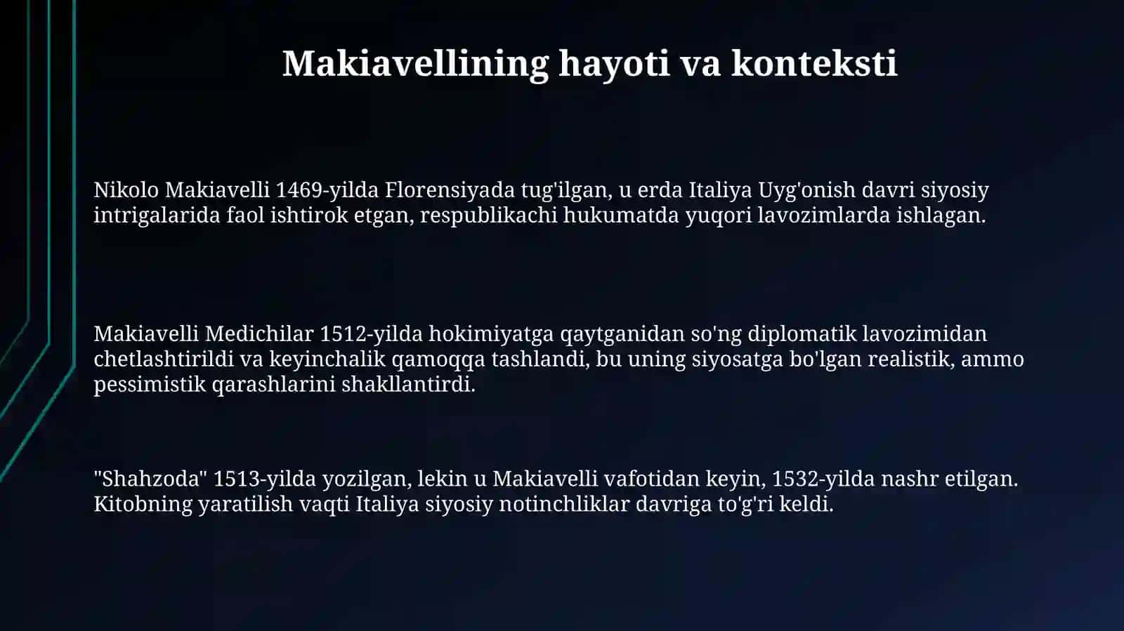 Makiavellining “Xukmdor” asari bo`yichataqdimottayyorlash 3