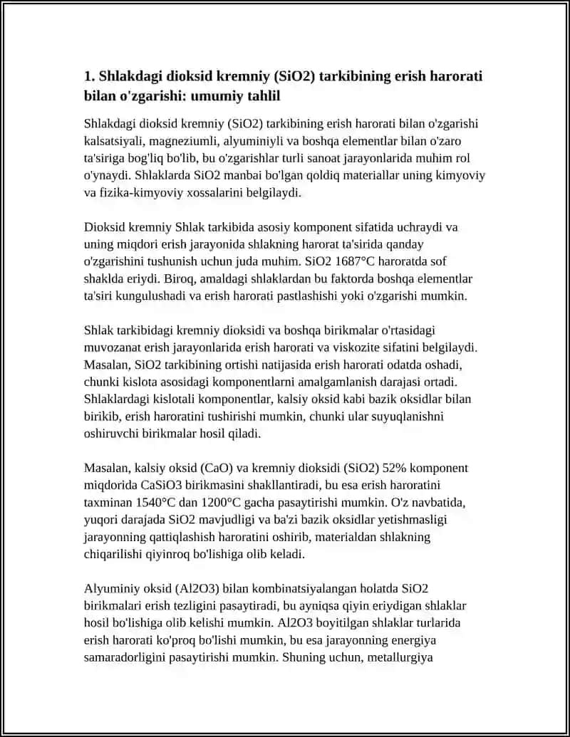 SHLAKDAGI DIOKSID KREMNIY TARKIBINI ERISH HARORATIGA BOG'LIQLIGI 3