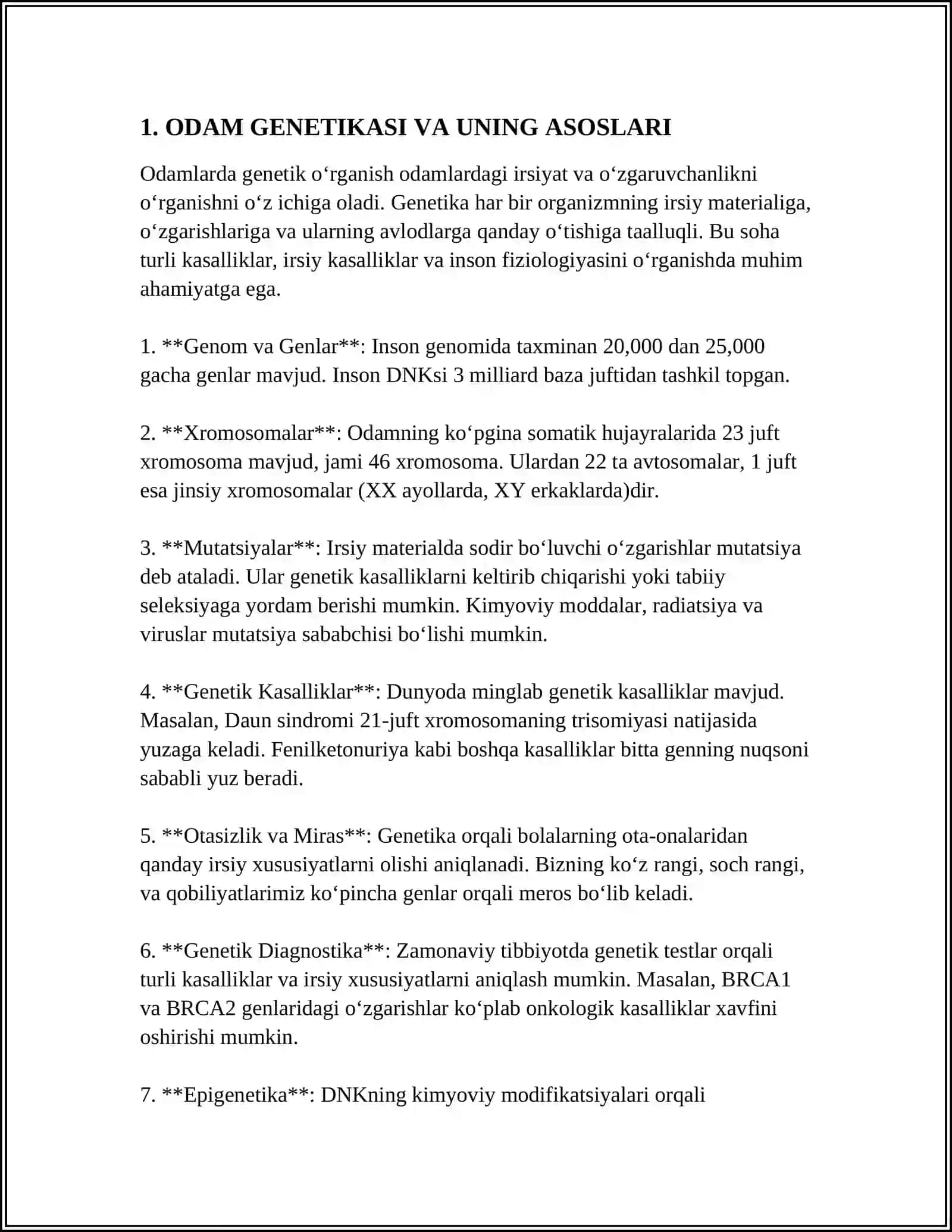 ODAM GENETIKASI VA UNING UZIGA XOS TAMONLARI.GENEALOGIK USUL. IRSIYLANISH HILLARI. ODAMLARDA YAXSHI O’RGANILGAN DOMINANT VA RESESSIV BELGILAR 3