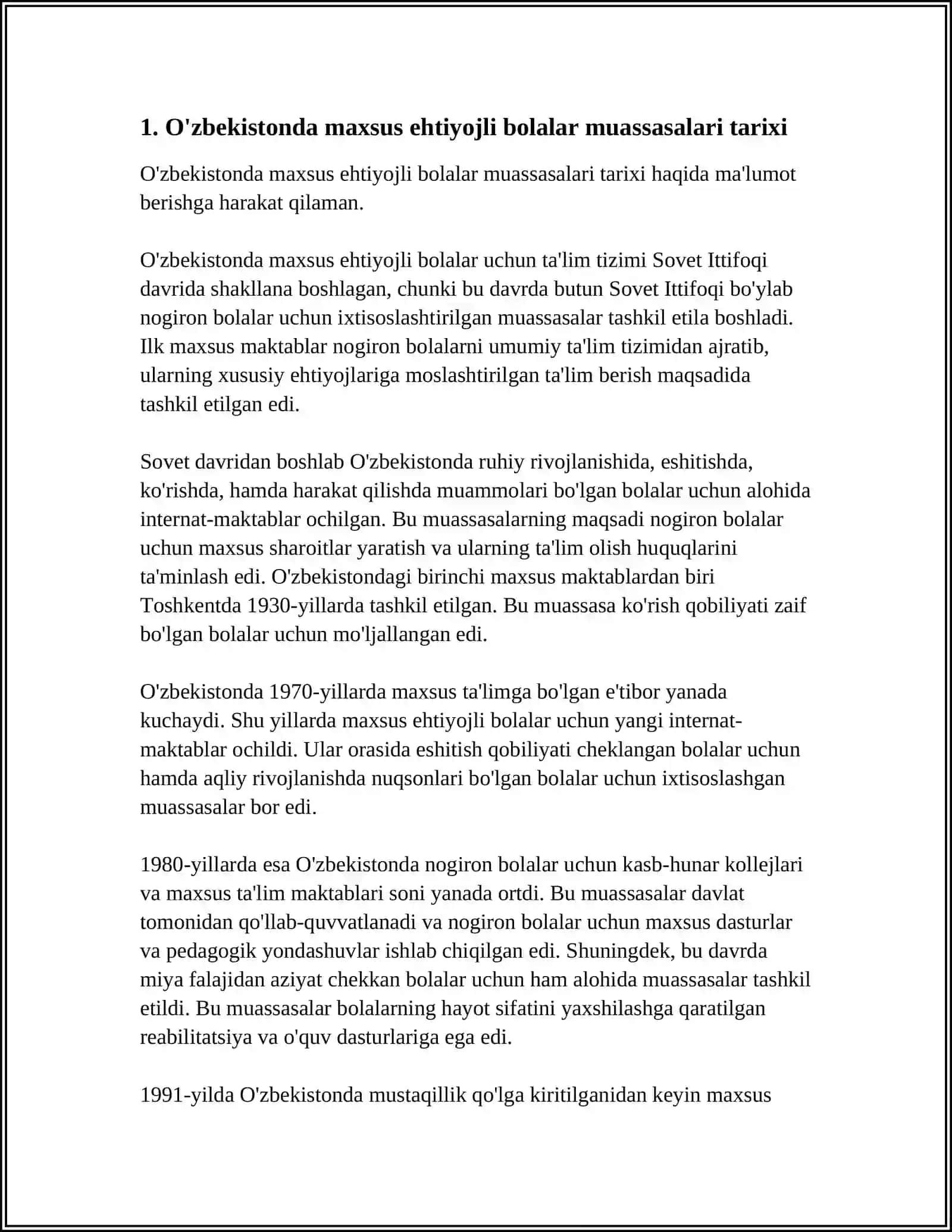 OʻZBEKISTONDA ALOHIDA YORDAMGA MUXTOJ BOLALAR UCHUN TASHKIL ETILGAN MUASSASALAR VA ULARNING FAOLIYATI 3