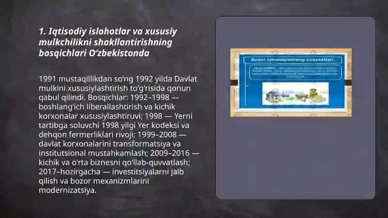 Iqtisodiy islohotlar xususiy mulkchilikning shakillanishi oʻzbekistonda bozor munosabatlarining rivojlanishi 3